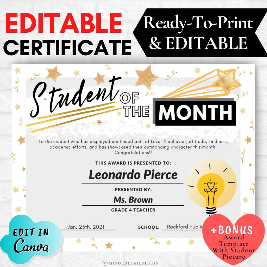 Student of the month certificate certificate for students awards for