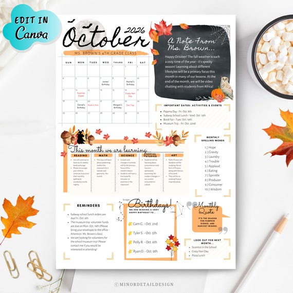 EDITABLE School Newsletter, Monthly Newsletter, OCTOBER Newsletter, October Calendar, Fall Newsletter, Autumn Newsletter, Teacher Template