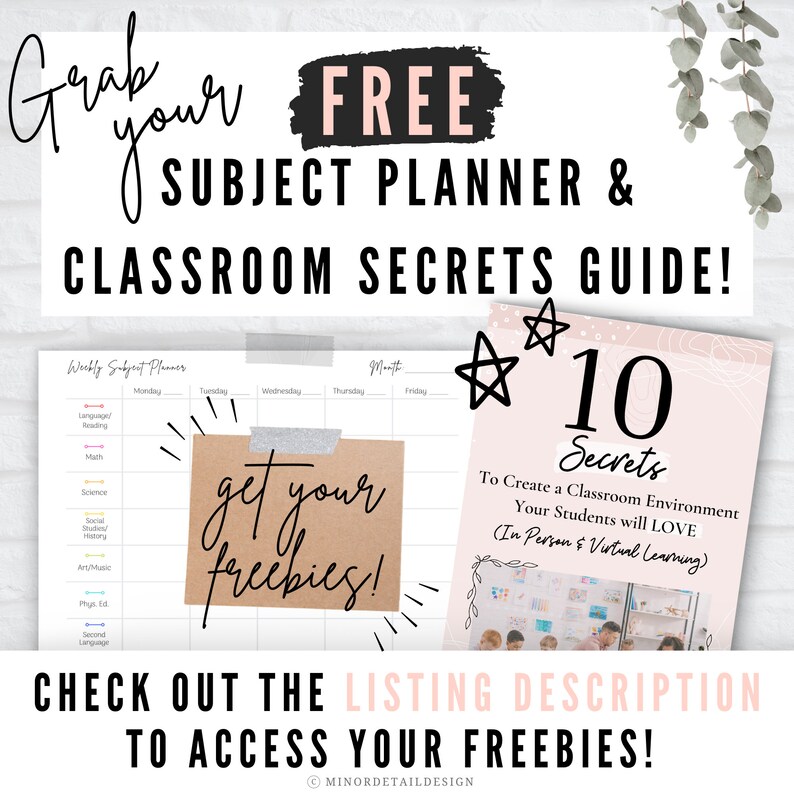 Puede incluir: Un planificador de clase y una gu&iacute;a imprimibles de color rosa y blanco con el texto "Grab your FREE SUBJECT PLANNER & CLASSROOM SECRETS GUIDE!" y "10 Secrets To Create a Classroom Environment Your Students will LOVE (In Person & Virtual Learning)".