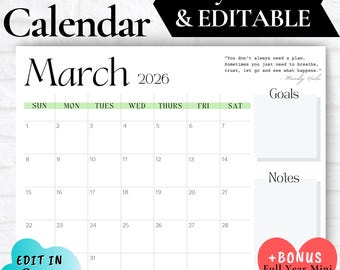 MARCH CALENDAR Printable, March Calendar 2026, March Calendar Planner, Desk Calendar, Calendar with Notes Section, Minimalist White Calendar