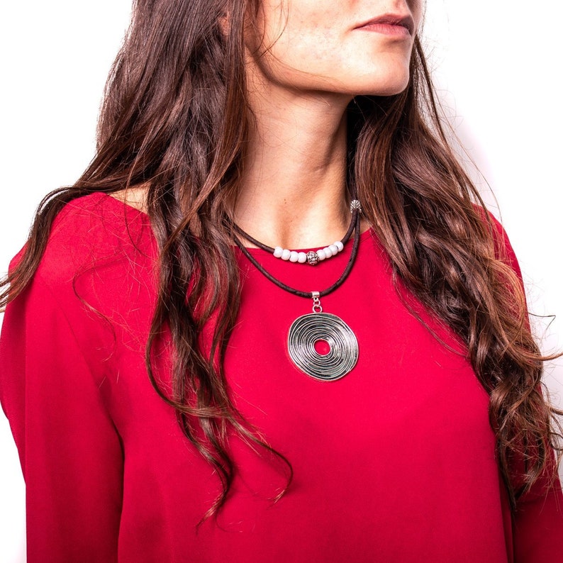 Brown cork with Original Silver round pendant handmade women cork necklace N-195-5