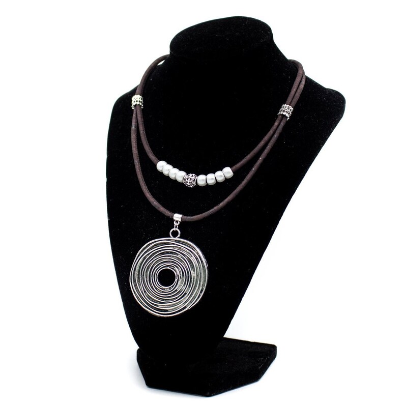 Brown cork with Original Silver round pendant handmade women cork necklace N-195-5