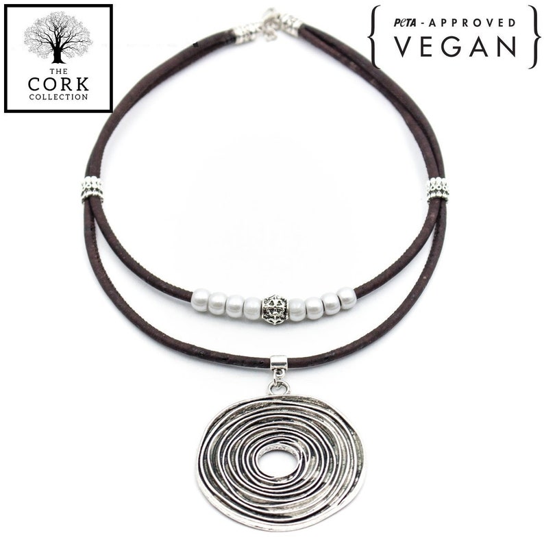 Brown cork with Original Silver round pendant handmade women cork necklace N-195-5