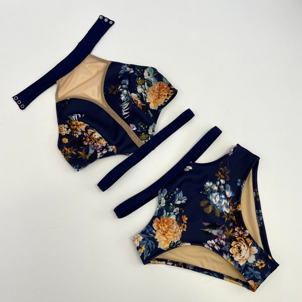 Navy blue floral two piece costume