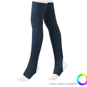 May include: A pair of dark blue leg warmers with a ribbed texture. The leg warmers are made of a soft, stretchy material and have a slit at the heel.