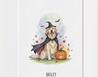 May include: A framed watercolor print featuring a Golden Retriever dressed in a witch's hat and cape, with a carved pumpkin. The background includes a full moon, bats, and autumn leaves. The dog's name, "Bailey," is printed below the image.