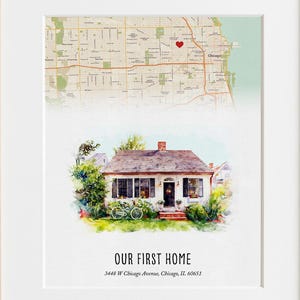 May include: Framed print featuring a watercolor illustration of a house with a map overlay. The map has a red heart marking a location. The text "OUR FIRST HOME" is below the house illustration, along with the address.