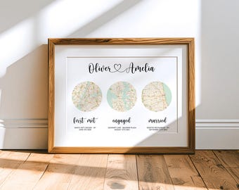 Met Engaged Married Map – Custom 3 Location Print – Personalized Couple Gift