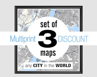 Three Custom City Maps Poster, Discount Set, Personalized Map print gift, Any Location Modern Design City Map Art, Customized Travel Poster