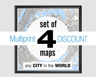 Four Custom City Maps Poster, Discount Set, Personalized Map print gift, Any Location Modern Design City Map Art, Customized Travel Poster