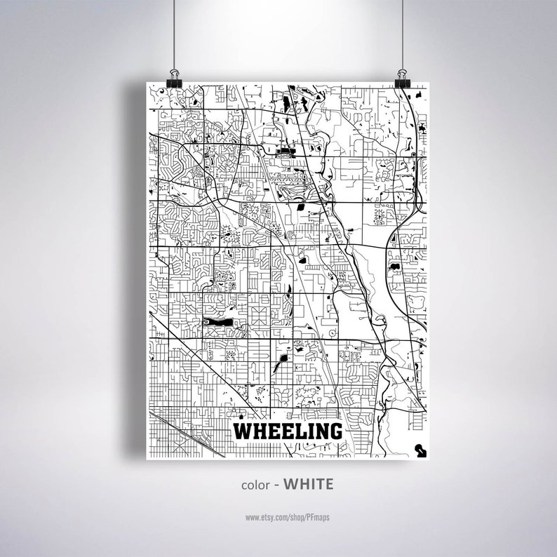 Wheeling Wall Art City Street Road Map Illinois IL USA Map Poster