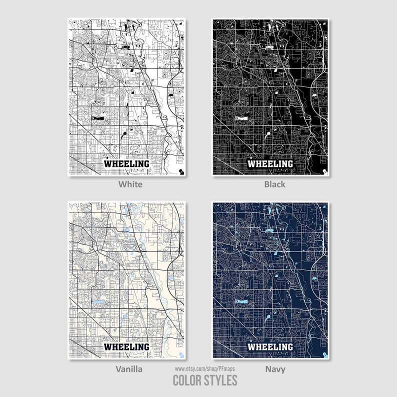 Wheeling Wall Art City Street Road Map Illinois IL USA Map Poster