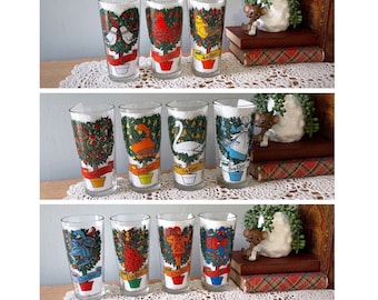 Vintage Anchor Hocking Twelve Days of Christmas REPLACEMENT Glasses, Vintage Holiday Glassware/Barware, 12 Days of Christmas