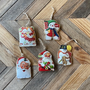 Vintage Inspired Ornaments, Set of 5 Metal Snowman & Santa Ornaments, Retro Christmas Ornaments, vintage Christmas, Metal Snowman Ornament