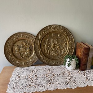 Set of Vintage Brass Plates, Peerage Brass, Unique Brass Charger, Brass Wall Hangings, Vintage Bar Decor, Embossed Brass Wall Decor, Brass