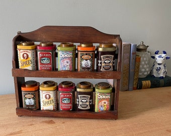Vintage Spice Rack with Spice Tins, Retro Spice Rack, Wooden Spice Rack, Vintage Spice Organizer, Unique Spice Rack, Hanging Spice Caddy