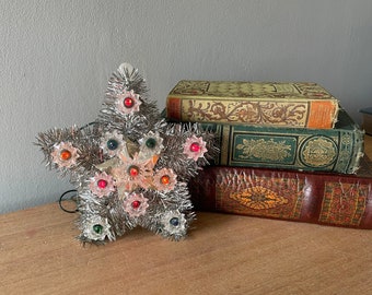 Vintage Light up Tree Star, Vintage Tree Star, Vintage Style Topper, Xmas Tree Topper, Silver Tinsel Topper, Vintage Christmas Tree Star