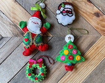 Vintage Felt and Sequin Ornaments, Set of 4 Vintage Felt Ornaments, Felt Christmas Tree Ornaments, Felt Santa Ornament, Felt Tree Ornament