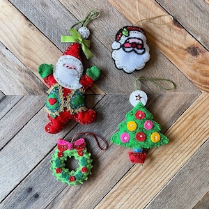 Vintage Felt and Sequin Ornaments, Set of 4 Vintage Felt Ornaments, Felt Christmas Tree Ornaments, Felt Santa Ornament, Felt Tree Ornament