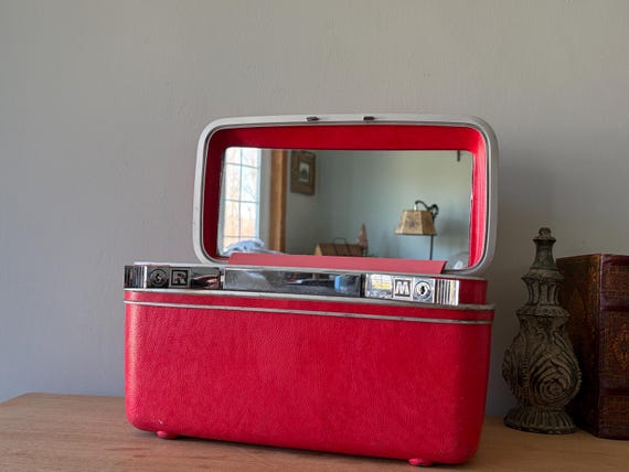 Vintage Samsonite Train Case, Bright Red Travel Luggage, Retro