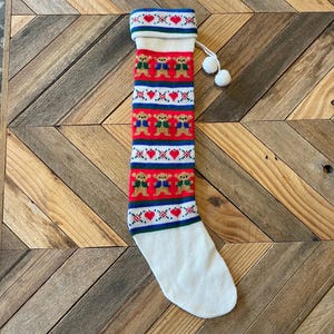 Vintage Knit Christmas Stocking, vintage stockings, Christmas bear stocking, bears, vintage xmas stocking, vintage Christmas decor, retro