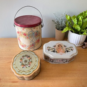 Vintage Tins, Metal Floral Tins, Biscuit Tin, Vintage Metal Storage, Vintage Floral Tins, Angel Tin, Biscuit tins, Collectible tins
