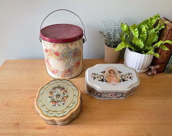 Vintage Tins, Metal Floral Tins, Biscuit Tin, Vintage Metal Storage, Vintage Floral Tins, Angel Tin, Biscuit tins, Collectible tins