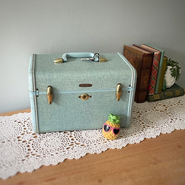 Vintage Blue Train Case, Blue Travel Case, Retro Vanity case, Bohemian Storage, Blue Luggage, Vintage Storage, Makeup Case, Starline