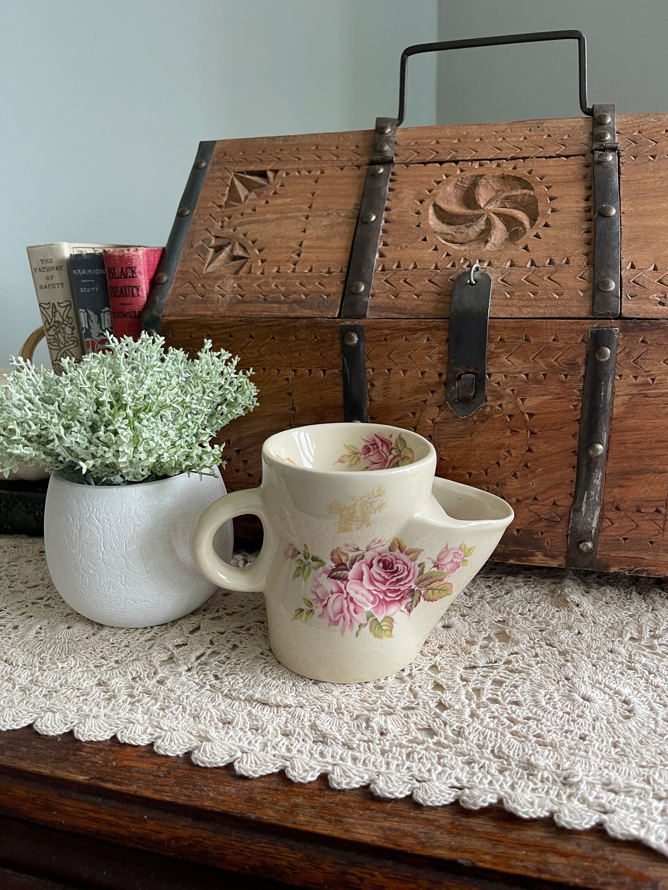 Vintage Mustache Mug, Vintage Shaving Mug, Floral Shaving Mug, Vintage Mens Shaving Scuttle, Ceramic Shaving mug, Vintage Shaver Accessory