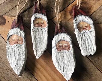 Hand Painted Santa Ornaments, 3 Santa Bark Ornaments, Wooden Santa Ornament, Unique Ornament, Ornament Exchange, Set of 3 Santa Ornaments