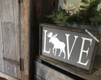 Love Moose Sign | Wooden Moose Sign | Moose Racing| Farmhouse Sign | Housewarming Gift | Moose Barn Sign | Moose Lover Sign | Animal Art