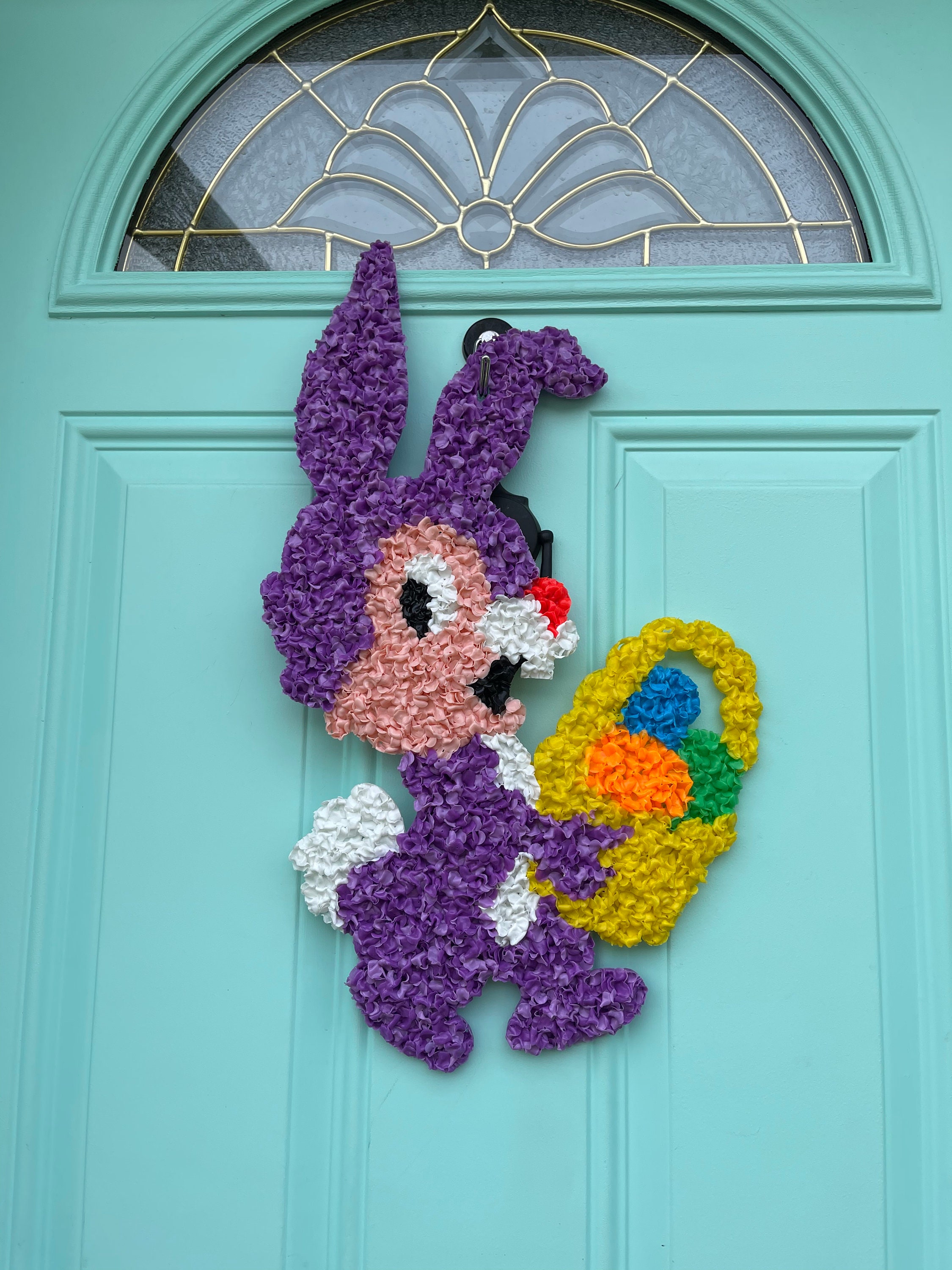 Purple Bunny, Vintage Popcorn Bunny, Vintage Door Decoration, Melted Plastic Popcorn Rabbit, Easter Decoration