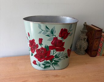 Kosz na śmieci w stylu vintage, kosz na śmieci w stylu vintage do pokoju dziecięcego, metalowy kosz na śmieci, kosz na śmieci z czerwoną różą, kosz na śmieci w stylu vintage z motywem kwiatowym, kosz na śmieci, metalowy kosz w stylu vintage