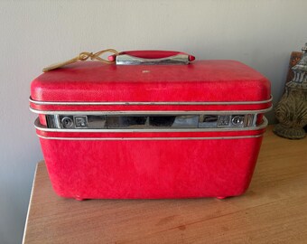 Vintage Samsonite Train Case, Bright Red Travel Luggage, Retro