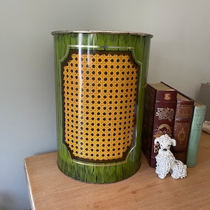 Vintage Trashcan, Vintage Metal Trashcan, Retro Memorabilia, Man Cave, Vintage Wastebasket, Metal Cane Trashcan, Vintage Bar Decor