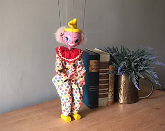 Pelham Puppet, Vintage Marionette, Vintage Puppet, Clown Marionette, Unique Puppet, Pelham England, String Puppet, Clown String Puppet