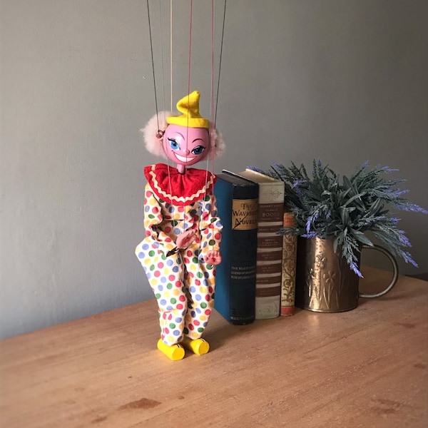 Pelham Puppet, Vintage Marionette, Vintage Puppet, Clown Marionette, Unique Puppet, Pelham England, String Puppet, Clown String Puppet