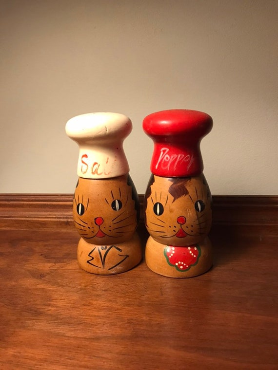Vintage Salt And Pepper Shakers, Vintage Wooden Cat Salt And Pepper Shakers