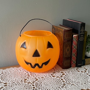Vintage Pompoen Halloween Emmer, Blow Mold Pompoen, Trick or Treat Basket, Plastic Jack-O-Lantern Emmer, Vintage Halloween Decoratie, Herfst