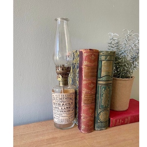May include: Antique oil lamp with a clear glass chimney and a brass base. The lamp is labeled "Dr. Ely Parsons' Famous Miracle Oil Lamp Cures..." and is sitting on a wooden surface with two vintage books.