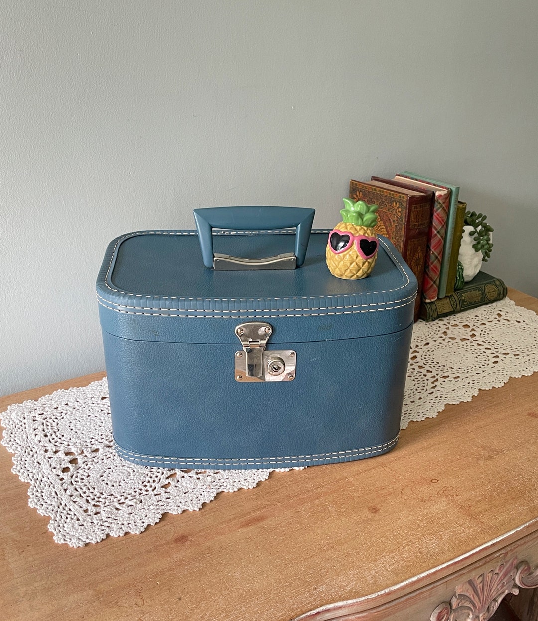Vintage Blue Train Case, Blue Travel Case, Retro Vanity Case, Bohemian