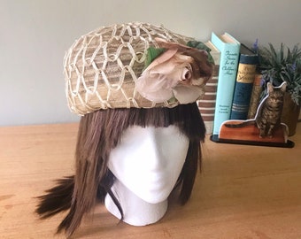 Vintage Pillbox Hat, Evelyn Varon, Beige cocktail hat, Tan pillbox hat, Jackie Kennedy, Vintage Hat