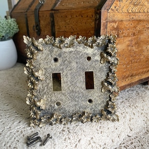 Vintage Brass Switch Plate, Double Switch Plate, Vintage Mid Century Brass Cover, Boho Bathroom, Floral Switch Cover,