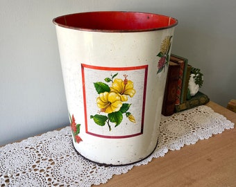 Vintage Large Trash can, vintage floral trash can, metal trashcan, floral wastebasket, vintage flower trash can, wastebasket, Large Trashcan