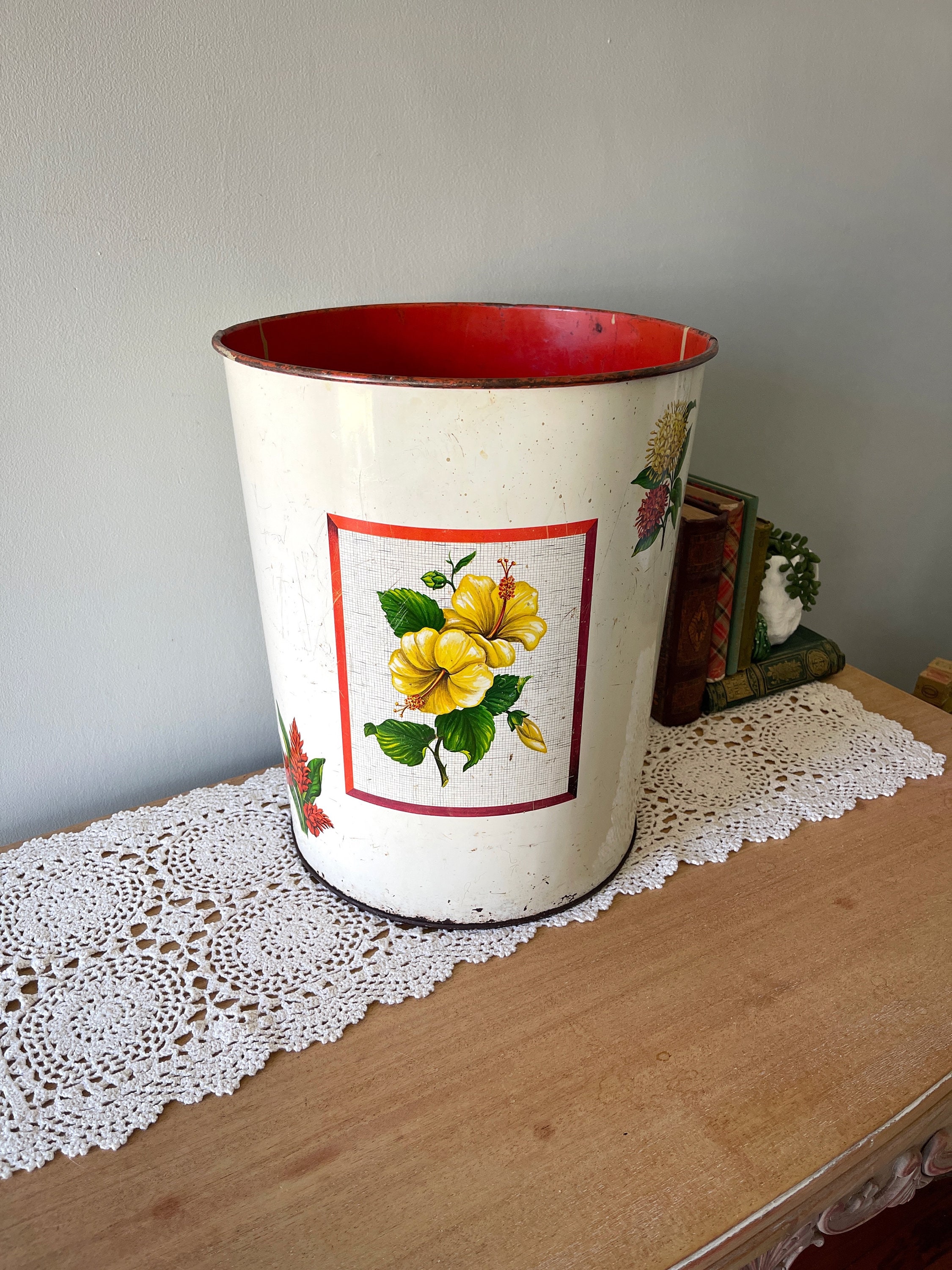 Vintage Large Trash Can, Vintage Floral Trash Can, Metal