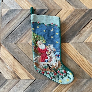 Vintage Christmas Stocking, Santa Needlepoint Stocking, Vintage Stocking, Needlepoint Stocking, Handmade Stocking, Santa Christmas Stocking