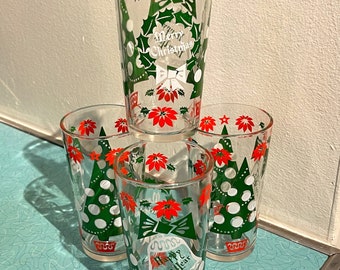 Vintage Holiday Christmas Glasses, Set of 4 Hazel Atlas Happy New Year Merry Christmas Glasses, Vintage Christmas Glasse, REPLACEMENT Glass