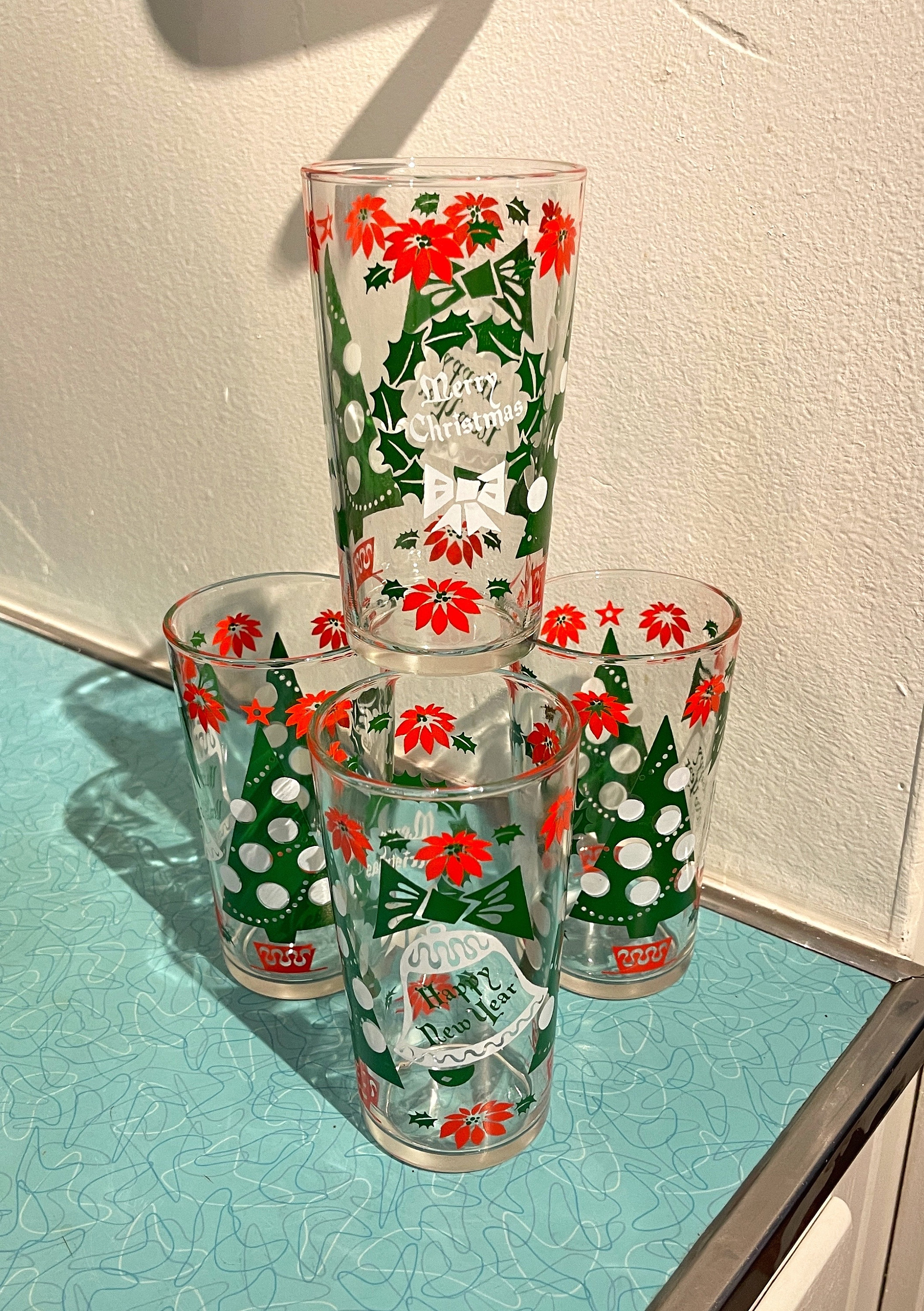 Vintage Holiday Christmas Glasses, Set of 4 Hazel Atlas Happy New