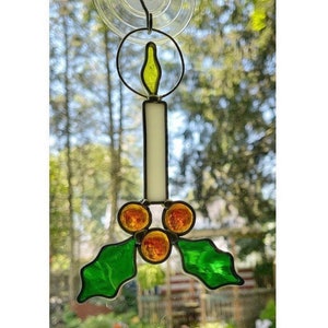 Vintage Sun Catcher, Small Stained Glass Candle with Holly, Vintage Christmas Sun Catcher, Vintage Stained Leaded Glass Christmas Candle