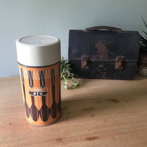 Thermos vintage, Thermos in metallo King Seeley del 1971, Design cucchiaio forchetta marrone arancione, Thermos in metallo vintage, Thermos rivestito in vetro, Regali per lui